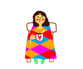 A cute girl is basking in a colored blanket. Cartoon. Vector illustration.