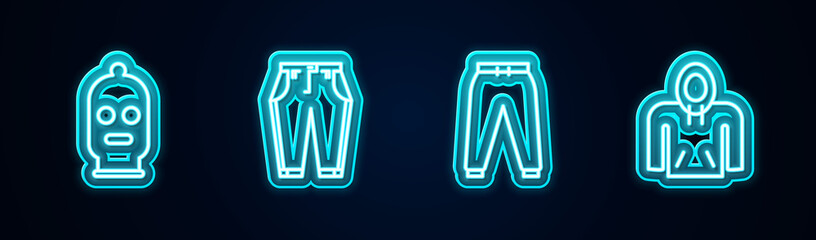 Set line Balaclava, Pants, Sport pants and Hoodie. Glowing neon icon. Vector