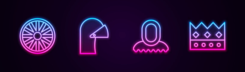 Set line Old wooden wheel, Medieval iron helmet, hood and King crown. Glowing neon icon. Vector