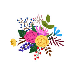 Floristic composition of flowers, leaves and berries. Vector illustration.