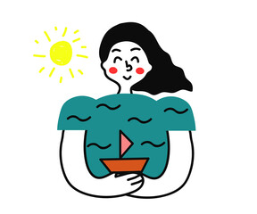 Cute girl and a ship on the waves. Cartoon. Vector illustration.