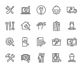 Vector set of repair line icons. Contains icons device repair, technical support, engineer, tool kit, home repair, maintenance, list works and more. Pixel perfect.