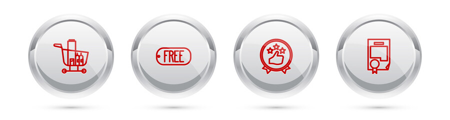 Set line Shopping cart and food, Price tag with text Free, Consumer or customer product rating and Certificate template. Silver circle button. Vector