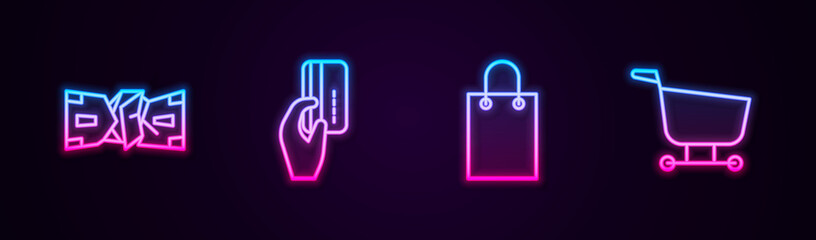 Set line Crumpled paper money cash, Hand holding with credit card, Paper shopping bag and Shopping cart. Glowing neon icon. Vector