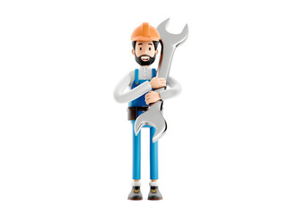 Builder plumber cartoon character, funny worker or engineer with wrench isolated icon 3d illustration.