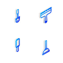 Set Isometric line Rubber cleaner for windows, Toilet brush, Adhesive roller and plunger icon. Vector