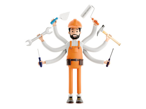 Handyman concept. Builder plumber or painter plasterer cartoon character, funny worker or engineer with wrench, screwdriver, hammer and roller in hands isolated icon 3d illustration.