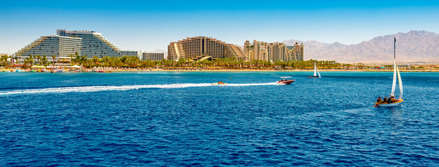Fototapeta na wymiar Panoramic view on central public beach of Eilat – famous tourist resort city in Israel, Middle East