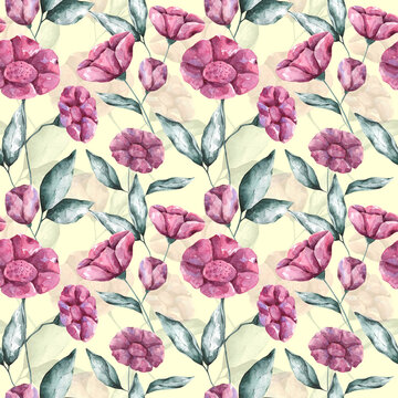 Watercolor pink flowers on light yellow background seamless pattern. Hand drawn botanical repeat print. Floral design for textile, fabric, wallpaper, packaging, wrapping and decoration. © Ксения Хмель