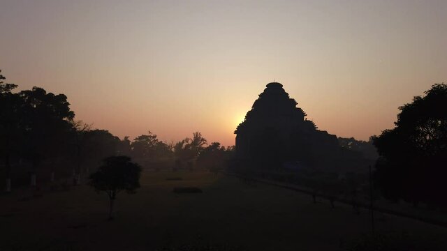 Silhouette of an 800 year old ancient temple and UNESCO world heritage monument at Konark, Odisha, India