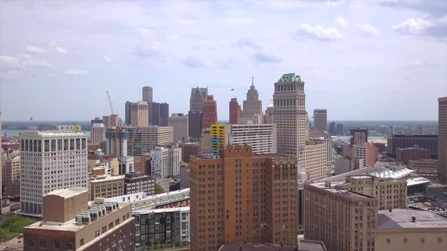 Drone Shot of Downtown Detroit Skyline - Pan Left