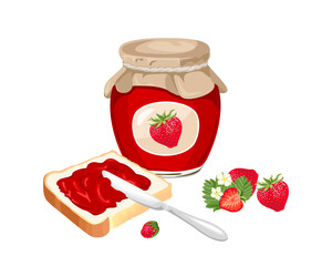 Strawberry jam spread on a piece of toast bread, a knife, a glass jar with jelly and fresh red berries isolated on a white background. Vector illustration in cartoon flat style.