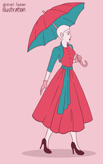 abstract pinlk and green fashion illustration woman with umbrella
