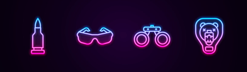 Fototapeta na wymiar Set line Bullet, Glasses, Binoculars and Bear head on shield. Glowing neon icon. Vector