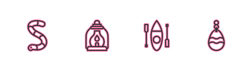 Set line Worm, Kayak canoe, Camping lantern and Fishing spoon icon. Vector