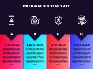 Set line Mobile with exclamation mark, House under protection, Shield dollar and Server security key. Business infographic template. Vector