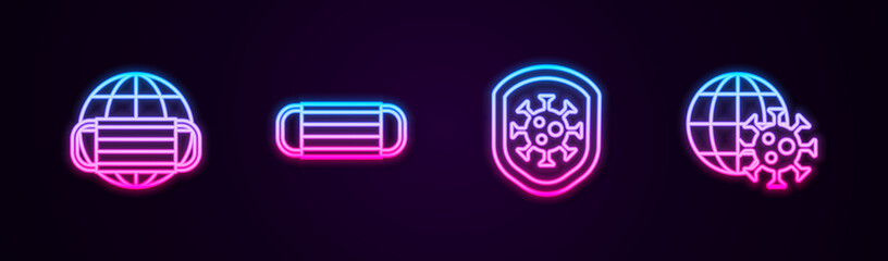 Set line Earth with medical mask, Medical protective, Shield protecting from virus and globe. Glowing neon icon. Vector