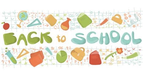 Back to school text. lettering school with school objectl. Seamless panorama. Long banner. Funny cartoon character.