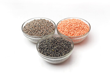 Pulses, Lal Masoor Dal, Kali Masoor, Sabut Urad Pulses, Dal, Beans in bowl, Indian Pulses in glass bowl