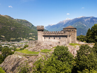 Fototapeta na wymiar Aerial image of the medieval castle Castello Sasso Corbaro in the capital city of Canton Ticino, Bellinzona, Switzerland.