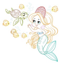 Cute little mermaid girl in coral tiara communicates with a small sea turtle colored outlined for coloring page on a white background