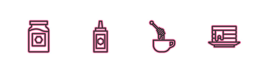 Set line Jar of honey, Honey dipper stick with, and Stack pancakes icon. Vector