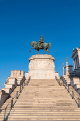 Obraz premium Rome Piazza Venezia Altar of the Fatherland, equestrian monument of Vittorio Emanuele II, Italy. Detail of the staircase. Italian National Monument on the Capitoline Hill and the center of Rome.