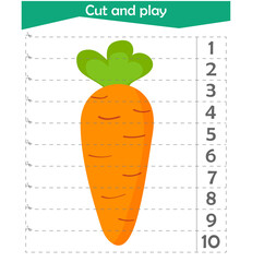  Math puzzle for children. We cut and play. We count to 10. Carrots