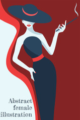 abstract illustration of fashion stylized woman in hat and long black dress with red elements 
