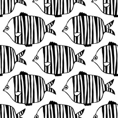 Doodle fish. Black and white seamless pattern