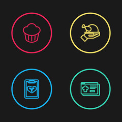 Set line Restaurant cafe menu, Online ordering and delivery, Roasted turkey chicken and Cupcake icon. Vector