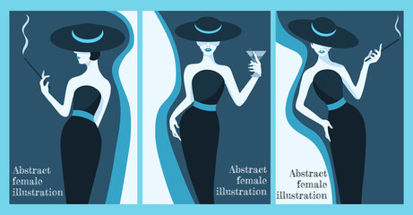 collection of abstract illustrations of fashion stylized woman in hat and long dress in blue colours