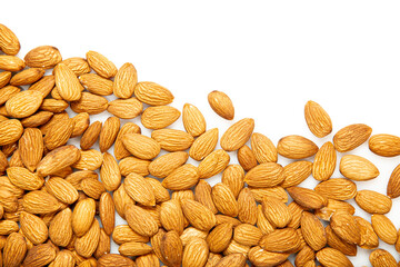 Close up. Frame. Dry  almonds.  Shelled almonds on a white background,