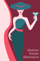 abstract illustration of fashion stylized woman in hat and long pink dress with green elements 