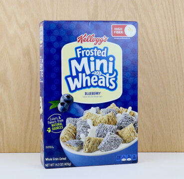 Spencer, Wisconsin, U.S.A. May, 27, 2021   Box Of Kellogg's Frosted Mini Wheats Blueberry Flavored   Kellogg's Is An American Brand Of Cereals