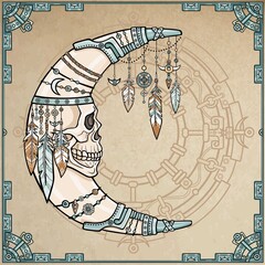 Fantastic crescent with a human skull the person. Esoteric symbol, boho design. Indian motives. Magic circle, frame from iron elements. Background imitation of old paper. Vector color illustration.