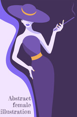 abstract illustration of fashion stylized woman in hat and long dark purple with yellow elements 