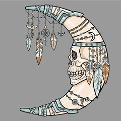 Fantastic crescent with a human skull the person. Ethnic jewelry, beads, Indian motives. Esoteric symbol, boho vintage design. The vector color illustration isolated on a gray background.