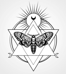 Magic moth with a pattern in the form of a human skull. Esoteric symbol, sacred geometry. Monochrome drawing isolated on a white background. Vector illustration. Print, posters, t-shirt, textiles.