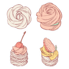 Set of hand drawn meringues on white background. Zephyr and sweet mini pavlova cake with cream, strawberry and cherry. Vector illustration in engrave style.