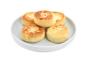Delicious cottage cheese pancakes on white background