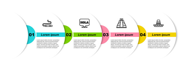 Set line Cigar, Hola, Chichen Itza in Mayan and Mexican sombrero. Business infographic template. Vector © vector_v