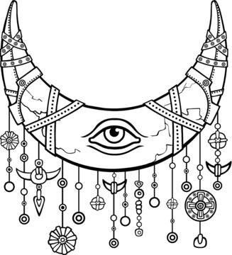 Magic horn a crescent, moon in armor. Eye of Providence. Indian motives, Boho design. The linear drawing isolated on a white background. Vector illustration, be used for coloring book.