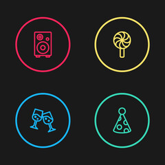 Set line Glass of champagne, Party hat, Lollipop and Stereo speaker icon. Vector