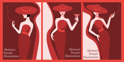 Abstract fashion illustration with woman in elegant blue-green dress with folded umbrella on orange background