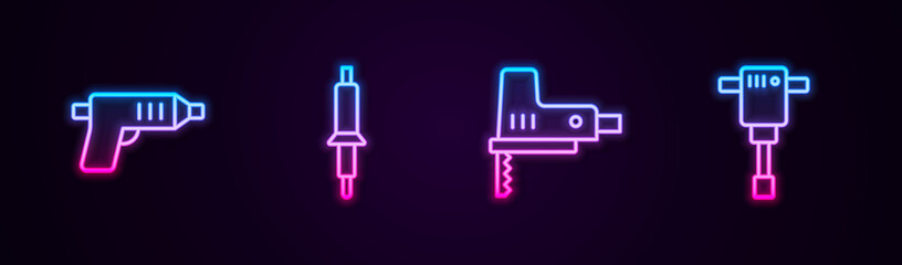 Set line Electric cordless screwdriver, Soldering iron, jigsaw and Construction jackhammer. Glowing neon icon. Vector