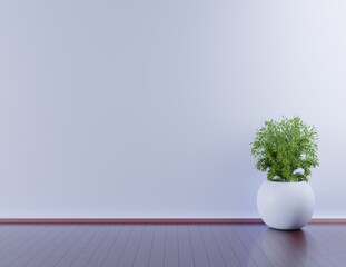 Empty interior with a copy space. Blue wall and home plant in a vase on a wooden floor. 3D rendering.