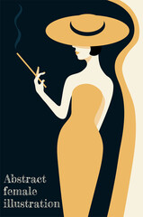 gold abstract illustration of fashion stylized woman in hat and long dress with belt on yellow and black background