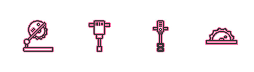 Set line Table saw for woodwork, Electrical hand concrete mixer, Construction jackhammer and circular icon. Vector