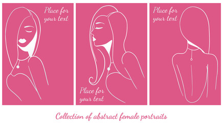 collection of stylized female portrait in rose and silver colours